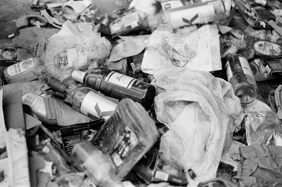 A large pile of assorted rubbish is spread across a paved outdoor area, consisting mainly of various discarded materials including paper, plastic bottles, cardboard boxes, and crumpled tissues. The pl