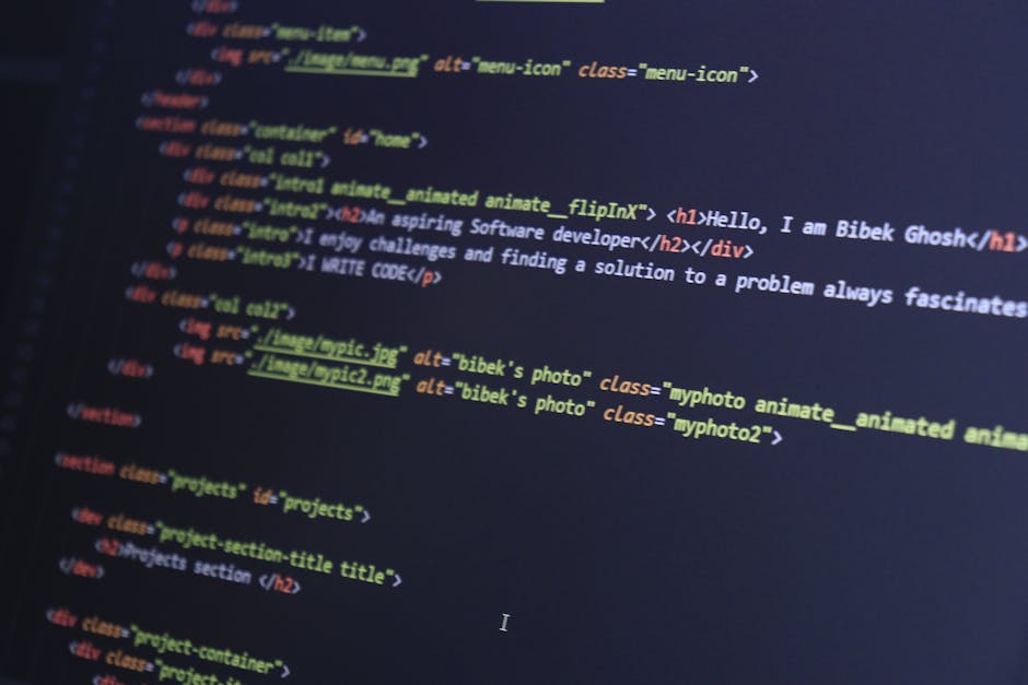 A computer screen displaying lines of programming code with syntax highlighting in various colors such as blue, yellow, green, and purple. The code appears to be related to web design or development e